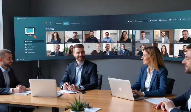 Image of a diverse group of professionals participating in a virtual conference on multiple devices.