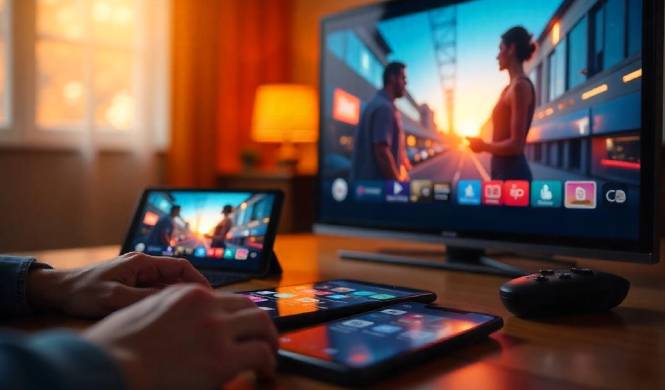 Image of various digital devices (smartphones, tablets, smart TVs) displaying streaming content, symbolizing the digital transformation of video consumption.