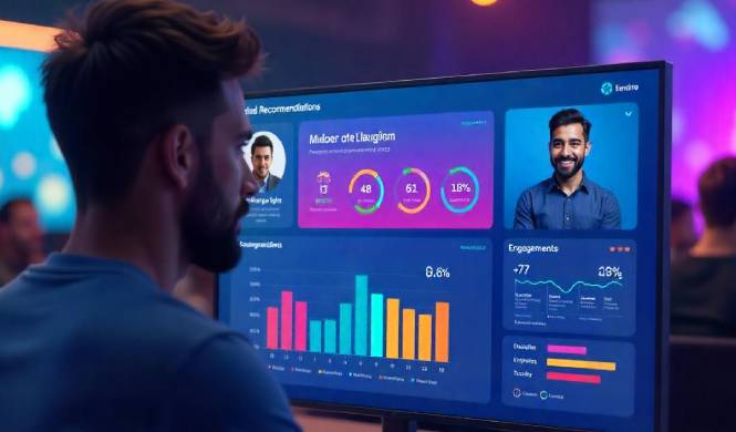 Image of a virtual event interface with AI-powered personalized session recommendations and engagement metrics overlay.