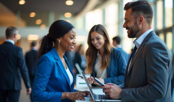 Image of diverse professionals using laptops and mobile devices to register for an event.