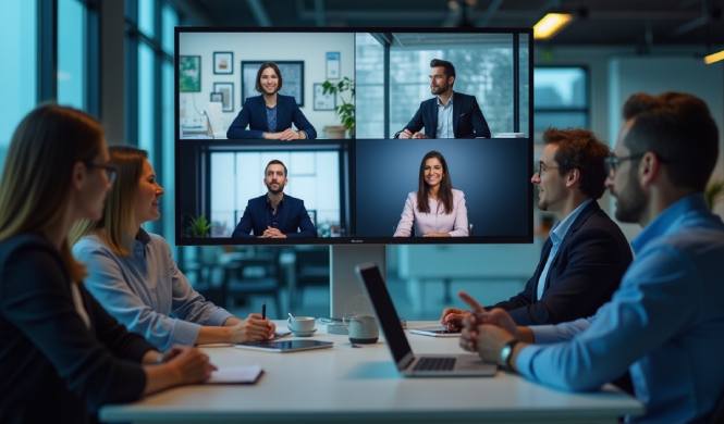 Corporate team attending a virtual event on an online event platform
