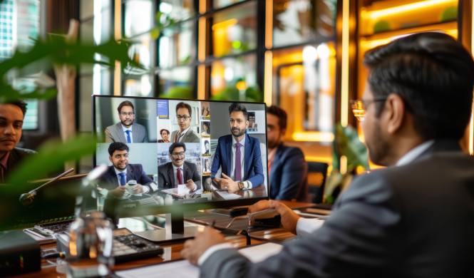 Employees attending a virtual town hall meeting online