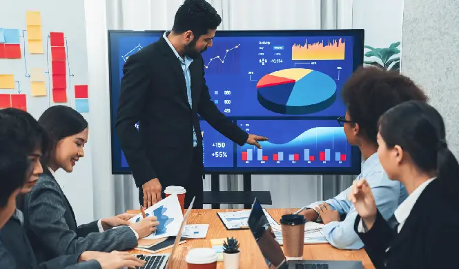 CEO leading hybrid event with real-time carbon savings dashboard displayed