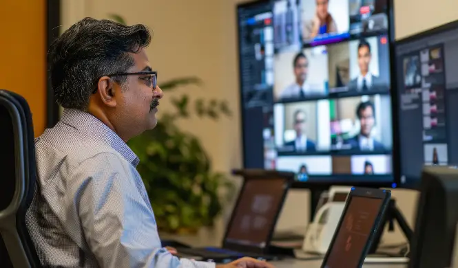 CEO addressing hybrid event with in-person and virtual attendees