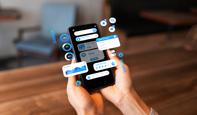 A person's hand holding a smartphone displaying an event mobile app with a personalized agenda and networking features