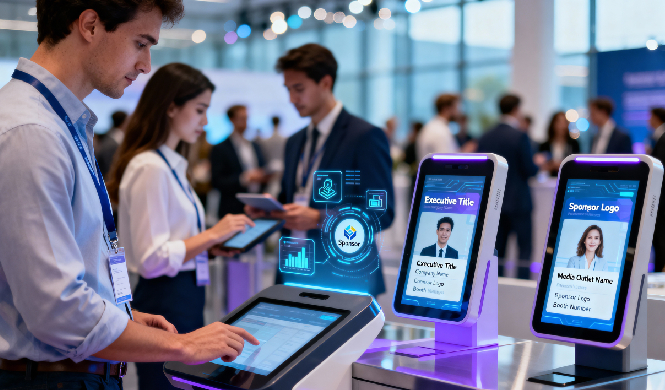 Dynamic badge printing system demonstrating personalized registration management