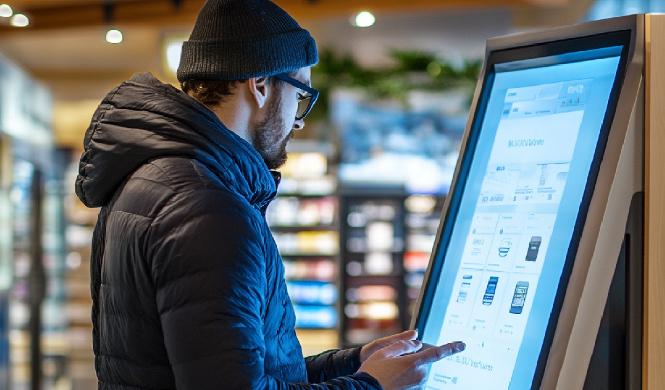 Self-service kiosk managing rapid walk-in payment and badge printing