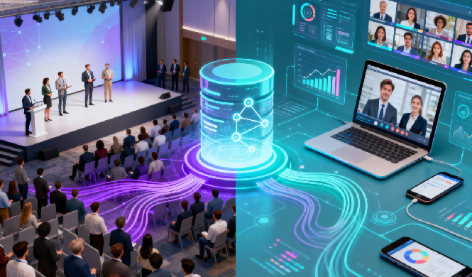 Hybrid Event Platform graphic showing data flowing from virtual and physical interactions