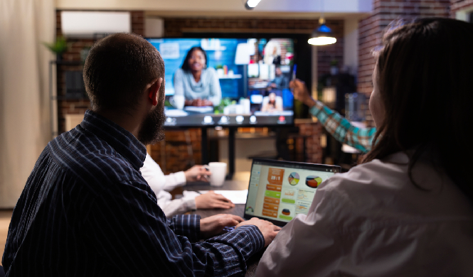 Virtual event planner team collaborating on event technology platforms dashboard