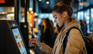 Self-service kiosk managing touchless QR code check-in and badge printing