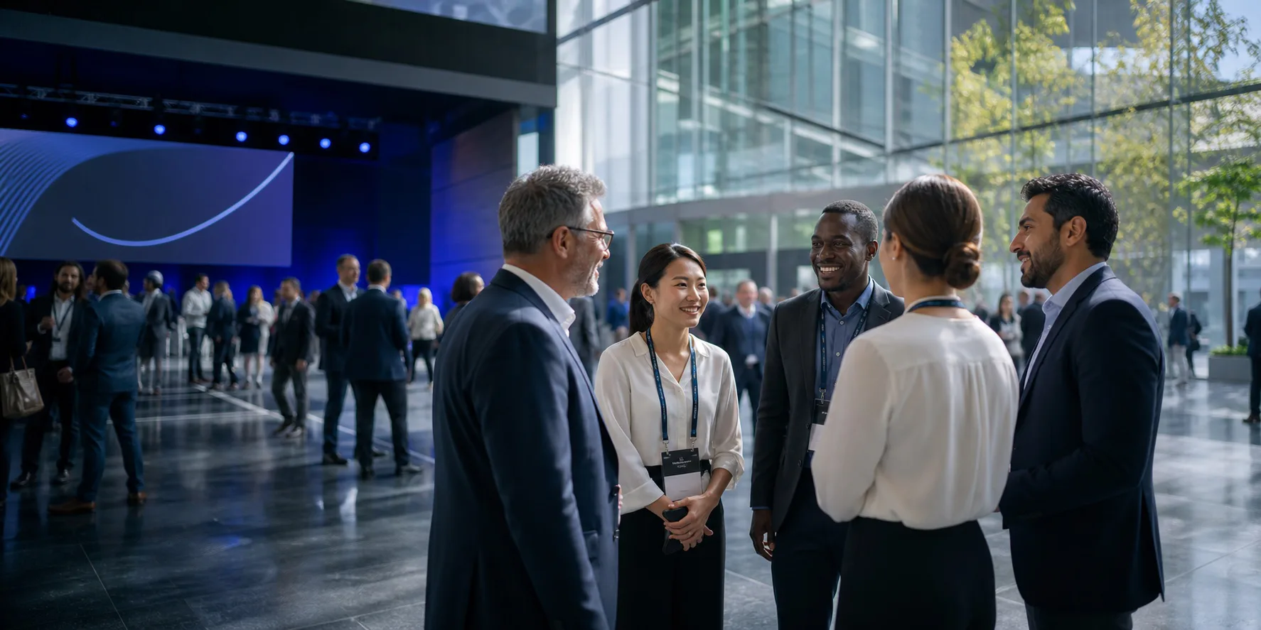 International attendees networking at a global enterprise conference