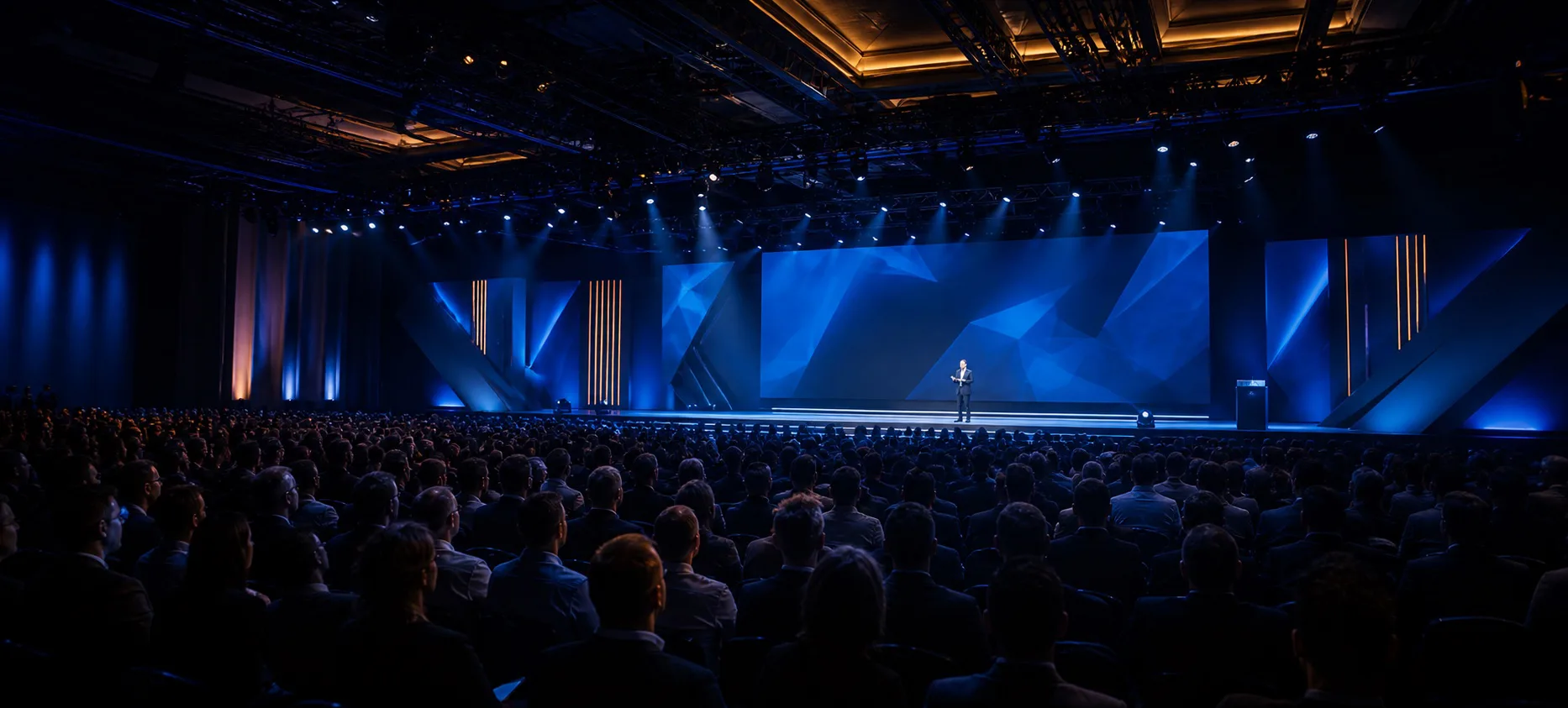 Large global conference stage powered by MultiTV event technology